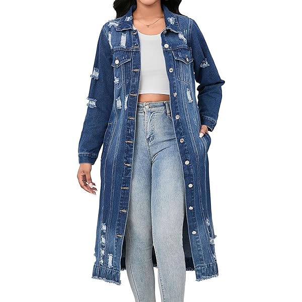 Womens Button Slim Denim Jacket Classic Long Jean Jacket Outwear